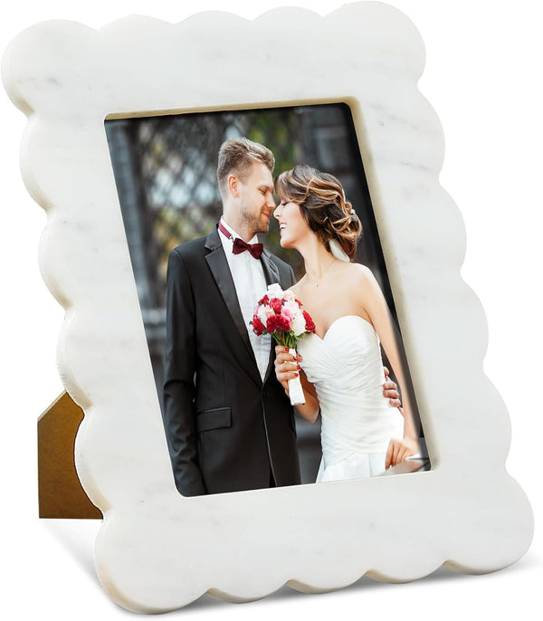 Yalikop Scalloped Marble Picture Frame Display Photos Tabletop Display White Frame Home