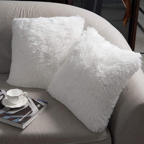 NordECO HOME Luxury Soft Faux Fur Fleece Cushion Cover Pillowcase, 16" x 16" Inch, White, 2 Pack