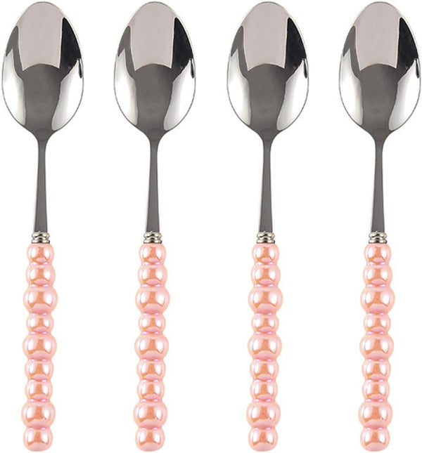 Stainless Steel Spoons, Korean Dessert Spoon with Imitation Pearl Handle, 8.4 Inches, Set of 4, Pink.