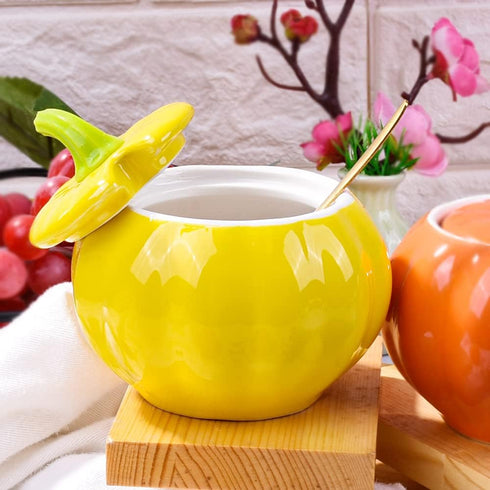 Sugar Bowls with Lid and Spoons, Pumpkin Shape Ceramic Sugar Bowl with Sugar Spoon and Lid for Home and Kitchen, Elegant Design, Yellow, 10.5 OZ (300 ML) by Whitenesser
