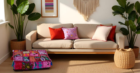 22x22x5 inches, CRAFT KALA Indian Square Patchwork Traditional Pouf Cover Indian Living Room Poufs Decorative
