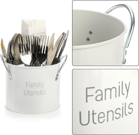 4 Compartment Kitchen Utensil Holder - 5.7 Inch Large Metal Caddy for Countertop, Removable Divider, White