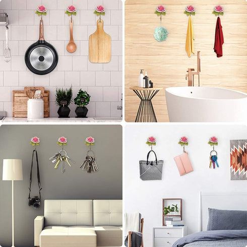 OPENDGO 3PCS Rose Resin Wall Hooks, Wall Mounted Creative Flower Iron Hook for Hanging Coat, Hat, Key, Towel