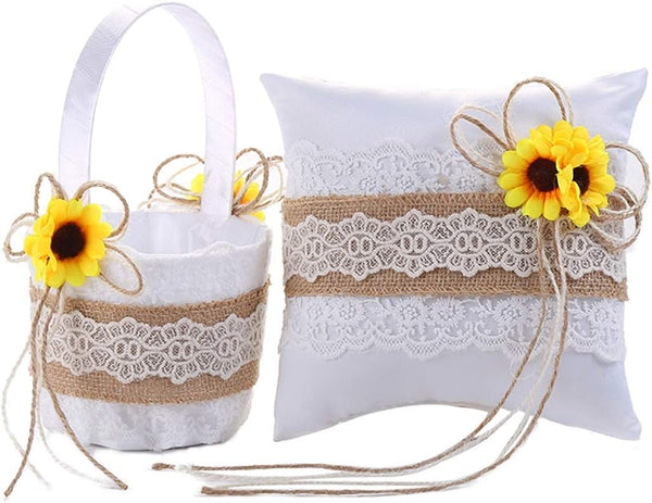 TRUE LOVE GIFT Sunflower Decor - Burlap Lace Ring Bearer Pillow and Wedding Flower Girl Basket Set