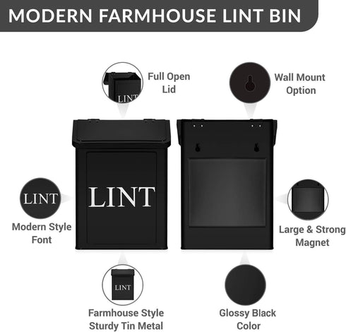 Calindiana Modern Farmhouse Metal Magnetic Lint Bin with Lid for Laundry Room Organization and Storage, Black
