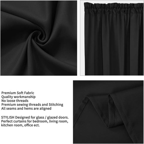 PiccoCasa Blackout French Door Curtain Panel - Solid Blackout Door Curtain Drapery with Tiebacks - 1 Panel Black W25 x