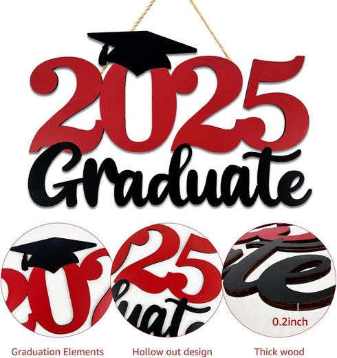 2025 Graduation Party Decorations, Wooden Sign Red Class of 2025 Photo Booth Props, 15.75x9.84 inches
