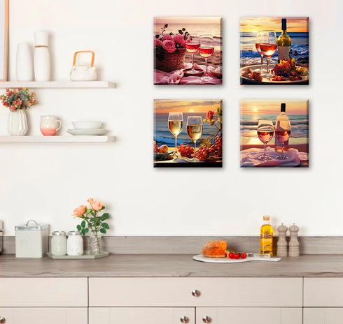 Sunset 12"X12"X4 Kitchen Decor Dining Room Wall Art Wine Glass Still Life Fruit Goblet Canvas Prints Artwork Beach