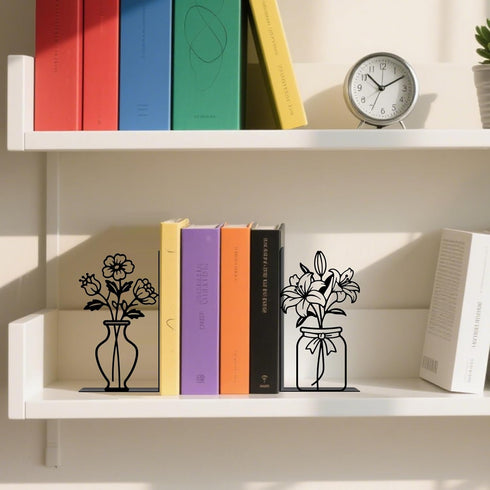 Metal Flower Book Ends Flower Vase Bookends Decorative Book Ends for Shelves Bookshelf Home Office Desk Bookshelf Decor