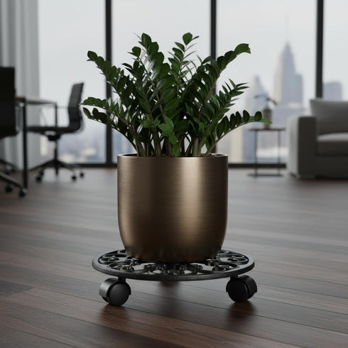 11.8" Comfy Hour Heavy Duty Cast Iron Rolling Plant Stand, Large Circular Plant Caddy with Industrial Wheels