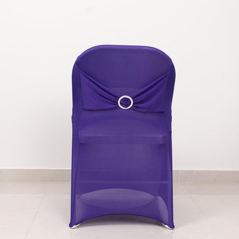 Efavormart Purple Spandex Folding Slip On Chair Cover with Silver Rhinestone Buckled Sash Band, Stretch Fitted Chair