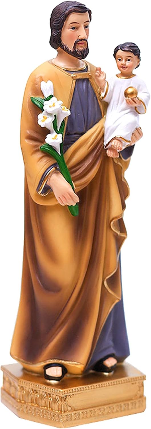 QIANLING Saint Joseph with Child Resin Religious Statue, 8 Inch Colored Hand Painted Figurines for Decor