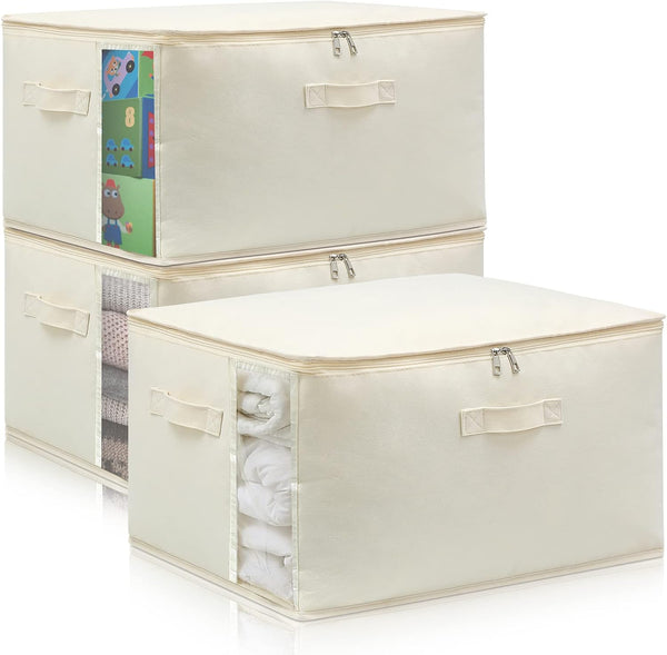 Canvas Comforters Bags, Closet Organizers and Storage for Quilts, Clothes, 75L Bins with Sturdy Zipper, Clear Window