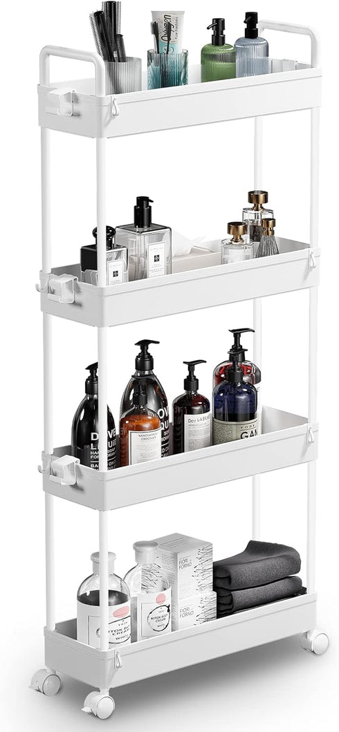 SOLEJAZZ Slim Storage Cart, 4 Tier Bathroom Organizer, Rolling Utility Cart for Kitchen, Laundry, White