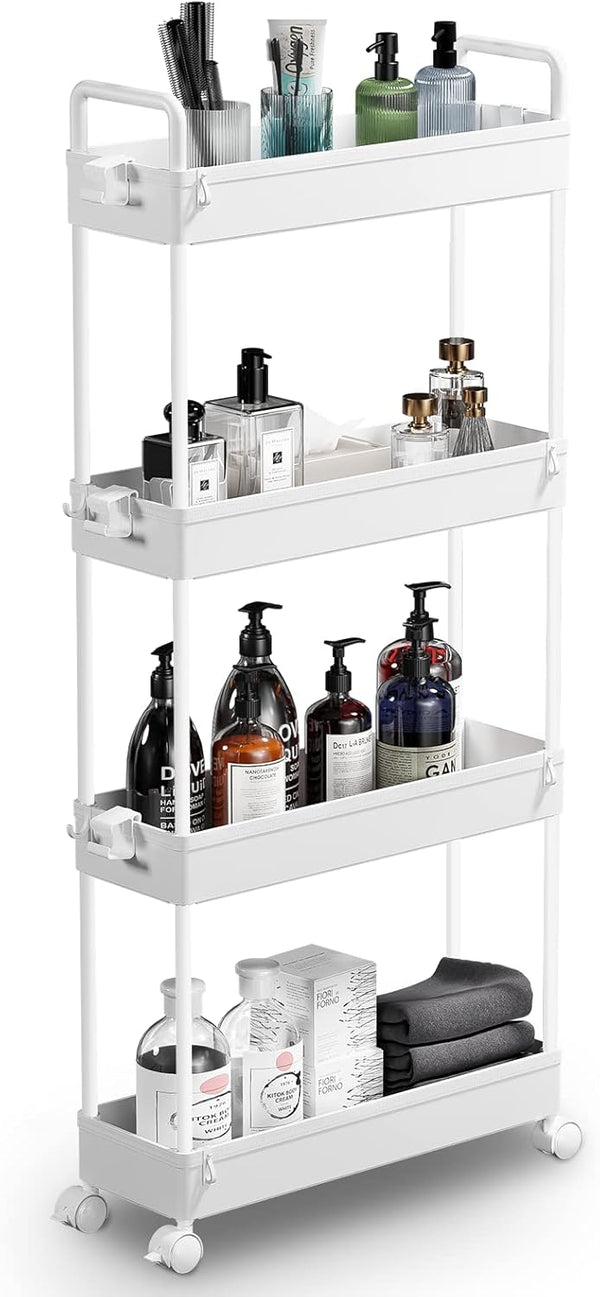 SOLEJAZZ Slim Storage Cart, 4 Tier Bathroom Organizer, Rolling Utility Cart for Kitchen, Laundry, White