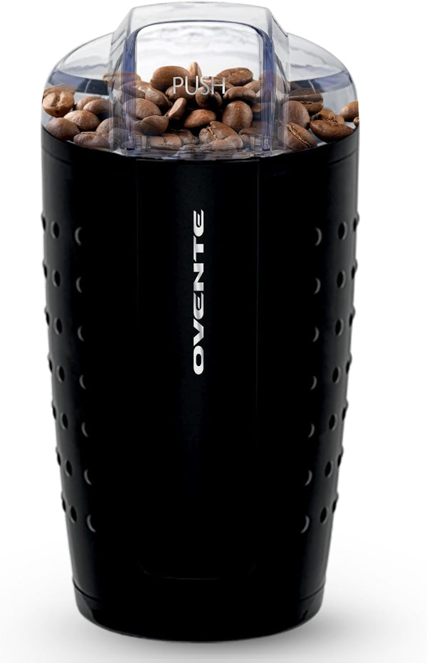 OVENTE Black Electric Coffee Grinder - Compact Grinding Mill with Stainless Blade for Beans, Spices, Herb, Tea