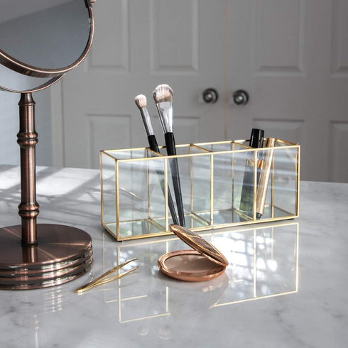 Isaac Jacobs Vintage Style Brass and Glass 4-Compartment Organizer - Makeup Brush Holder with Mirror Base (Antique Gold)
