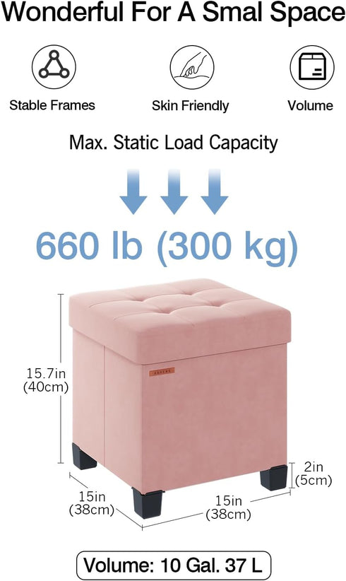 15 15 15.7 Inches, ASND22P ABHENG Cube Storage Ottoman, Velvet Foot Stool with Feet, Folding Storage Bench, End of Bed