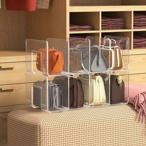 Noleja 2pcs 4 Closet (4) Clear Plastic Purse Handbag Organizer Sections Bag Shelf Divider Purse Display Stand Handbag