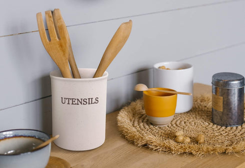 KooK Large Utensil Crock, Ceramic Holder for Kitchen Counter, Heavy & Stable Caddy, Farmhouse Decor, Cream, 6”