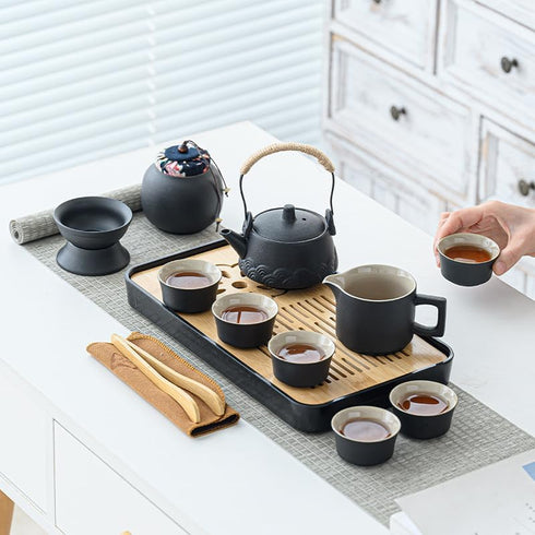 sets, TeaSet, sets sets, LURRIER Gongfu tea Portable Ceramic Asian Tea for adult, Tea Gift Grey leather case, Portable