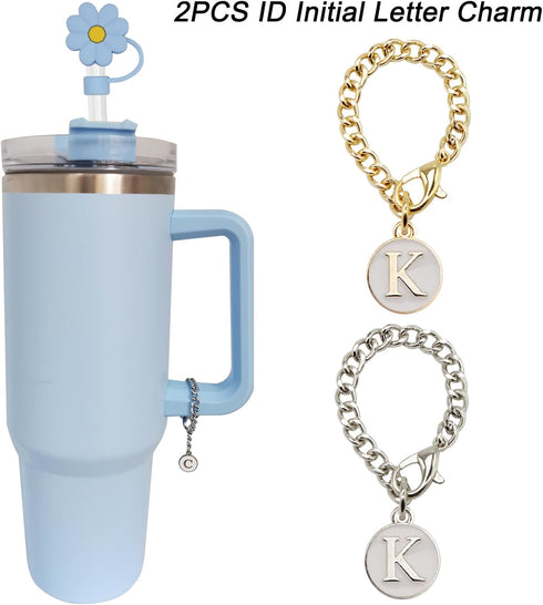 3PCS Flower Silicone Straw Cover for Stanley Cup 30&40 Oz with 2PCS Initial Personalized Letter Charm