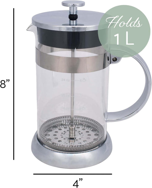Elanze Designs Stainless Steel 1 Liter Glass French Press Coffee Maker