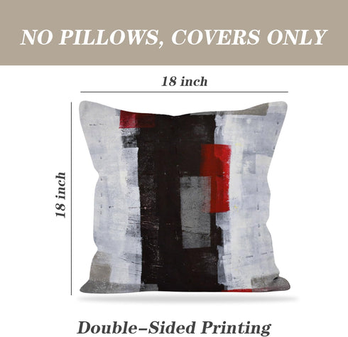 Set of 2 Red and Grey Abstract Art Pillow Covers, 18 x 18 Inch Decorative Throw Pillows for Living Room Bedroom Sofa