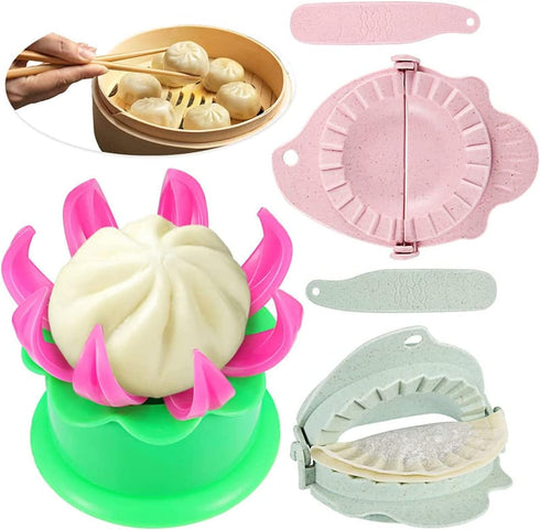 5 Pieces Dumpling Maker Set - Bun Maker, Steam Filled Plastic Mold, and Filling Spoon for Cooking (Green, Pink)