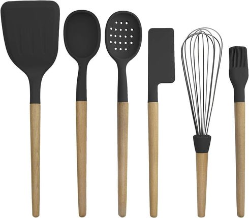 Country Kitchen 6 pc Non Stick Silicone Utensil Baking Set with Rounded Wooden Handles for Cooking and Baking, Black