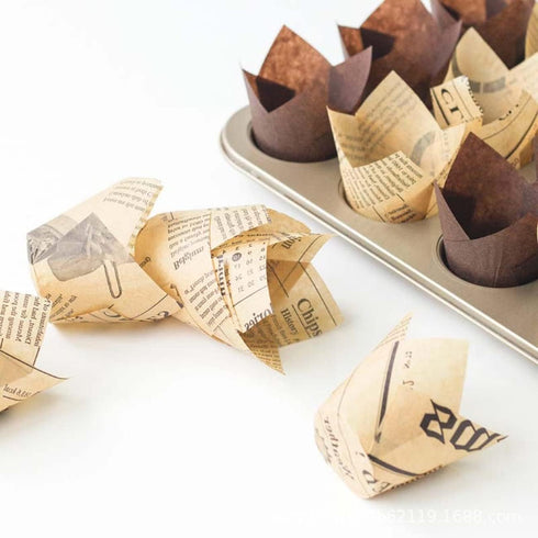200pcs Tulip Cupcake & Muffin Tins Liners, Nature and White 2 Standard Newspaper Pattern Paper Baking Cups