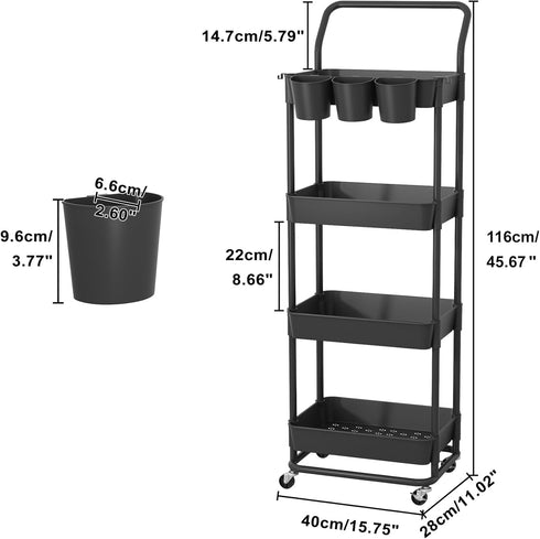 4-Tier Buzowruil Rolling Utility Cart, Storage Cart with Handle Multi-Purpose and Locking Wheels,with Hanging Basket