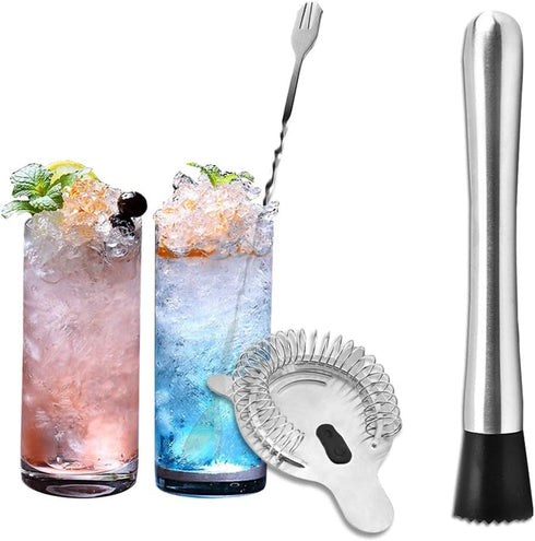 SENHAI Stainless Steel Cocktail Muddler, Spiral Mixing Spoon & 4-Prong Bar Strainer - Bartender's Tool Set