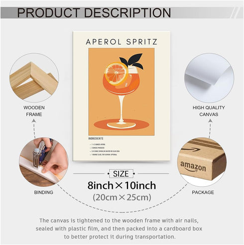 Heltrappe 08x10 inch Funky Orange Aperol Spritz Aesthetic Poster Modern Trendy Cocktail Alcohol Wall Art Framed Bar