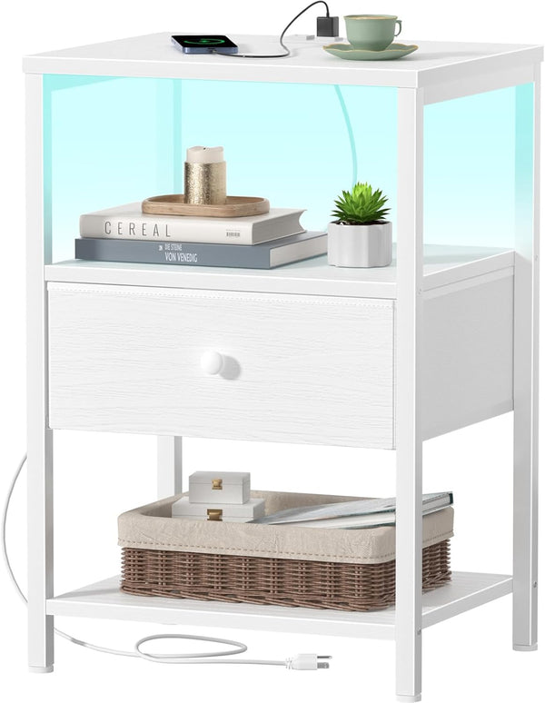 BOLUO White Nightstand with Charging Station, LED Night Stand with Fabric Drawers