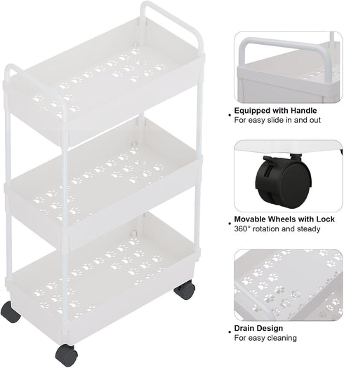 Rolling Storage Cart | 3 Tier Organizer Mobile Shelving Unit with Wheels for Kitchen, Bathroom, Laundry, White
