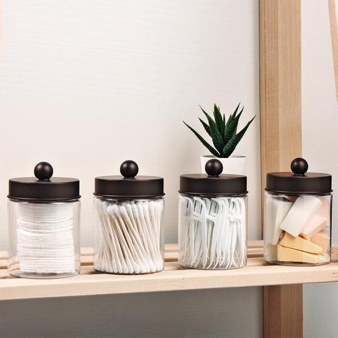 Amolliar Farmhouse Decor Qtip Holder Dispenser for Cotton Swabs,Balls, Cotton Pads, Floss - Clear Plastic Apothecary Jar for Bathroom Canister Storage, Vanity Countertop Makeup Organizer-Bronze (4) by Amolliar