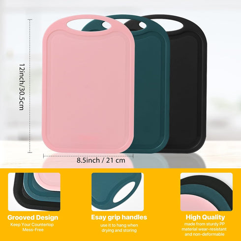 Cutting Boards for Kitchen, 3 Piece Plastic Cutting Board Set, Chopping Board with Juice Grooves and Carrying Handle