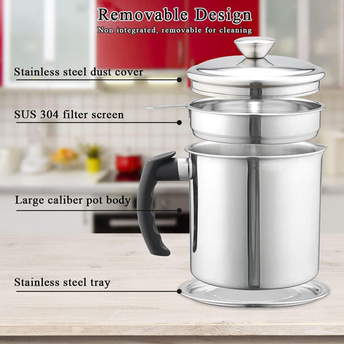 48 oz 1. Kyraton Bacon Grease Container With Strainer, Stainless Steel Oil Container, Pot Fat Storage With Lid, Easy