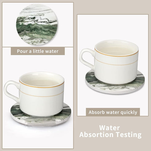 Dksyee 6 Set Pcs Green Ceramic Coasters with Holder Round Cool Drink Best Modern Absorbent Coaster for Coffee Table