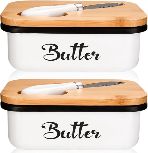 AISBUGUR Butter Dish with Lid for Countertop, White Metal Butter Keeper with Stainless Steel Knife, Kitchen Gift Set of