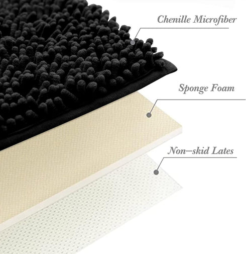 Non-Slip Bath Rug, Extra Soft Microfiber Bedroom Shag Carpet with Anti-Slip Backing, 12 x 24 Inches, Black