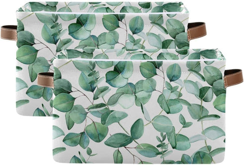 xigua Green Leaves Storage Basket Collapsible Toy Storage Bins Waterproof Canvas Storage Basket with Leather Handles for Home Closets Offices,Bedrooms,Kids Toy and Gift Baskets,1PCS