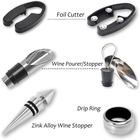 Tirrinia Wine Accessories Gift Set - Corkscrew Opener Kit, Drip Ring, Foil Cutter, Pourer & Stopper in Novelty Bottle