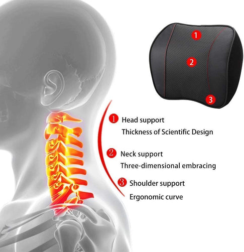 Car Headrest Neck Rest Pillow - 100% Memory Foam Leather Cushion for Driving, Relieve Neck Pain (Black)