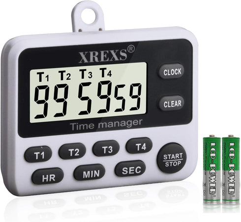XREXS 4-Channel Digital Kitchen Timer Clock - Large LCD Display, 4 Groups Simultaneous Timing Countdown