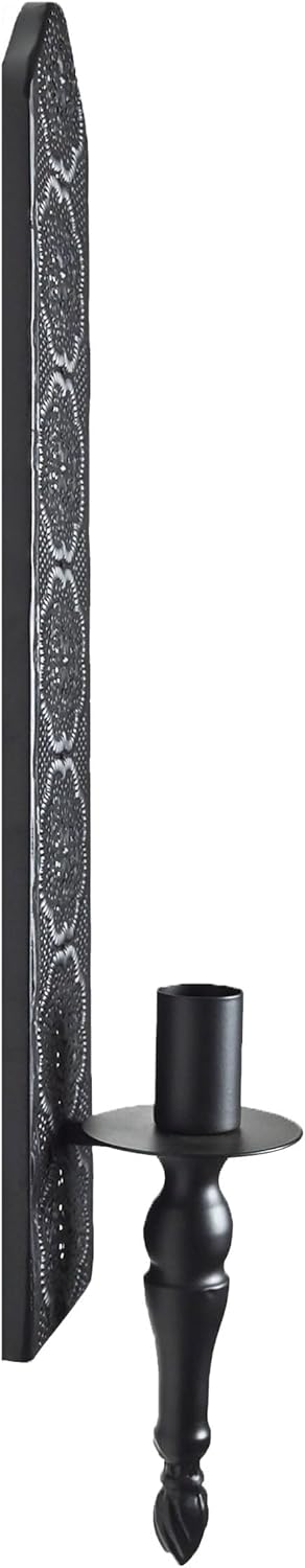Set 2 18inch Vintage Black Wall Sconce Candle Holder with Intricate Pattern, Rustic Metal Taper Candle Holders