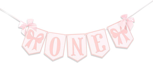 HUHJRUAR Pink and White Highchair Banner - Bow One Banner, Pink White Party