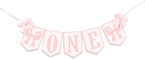 HUHJRUAR Pink and White Highchair Banner - Bow One Banner, Pink White Party