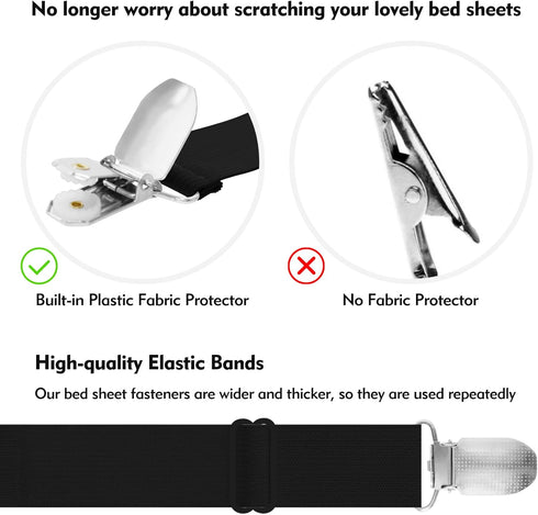 Bed Sheet Holder Straps, 4+2 Pcs Adjustable Mattress Sheet Clips, Elastic Fasteners to Keep Bed Sheet in Place